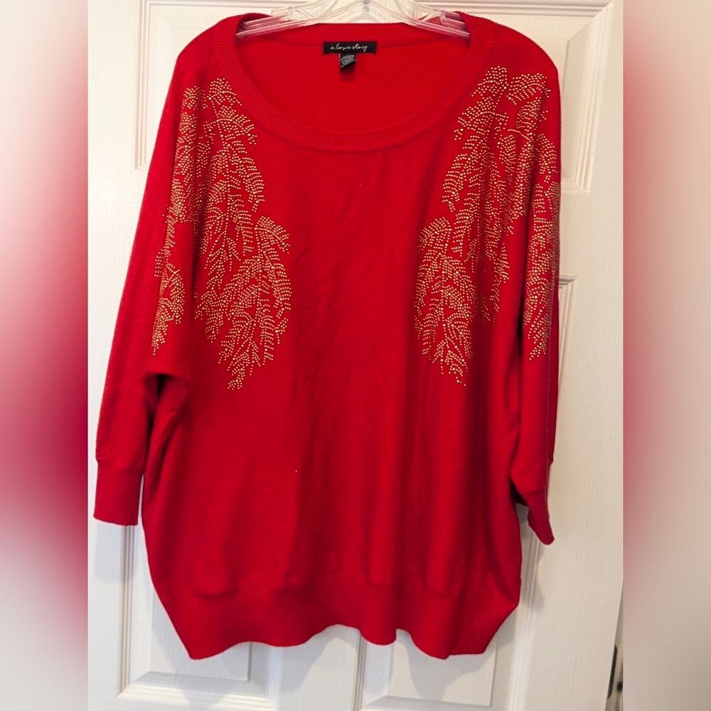 a love story red sweater Soft Cozy Floral Leaf Studs Design Plus 2X Lagenlook